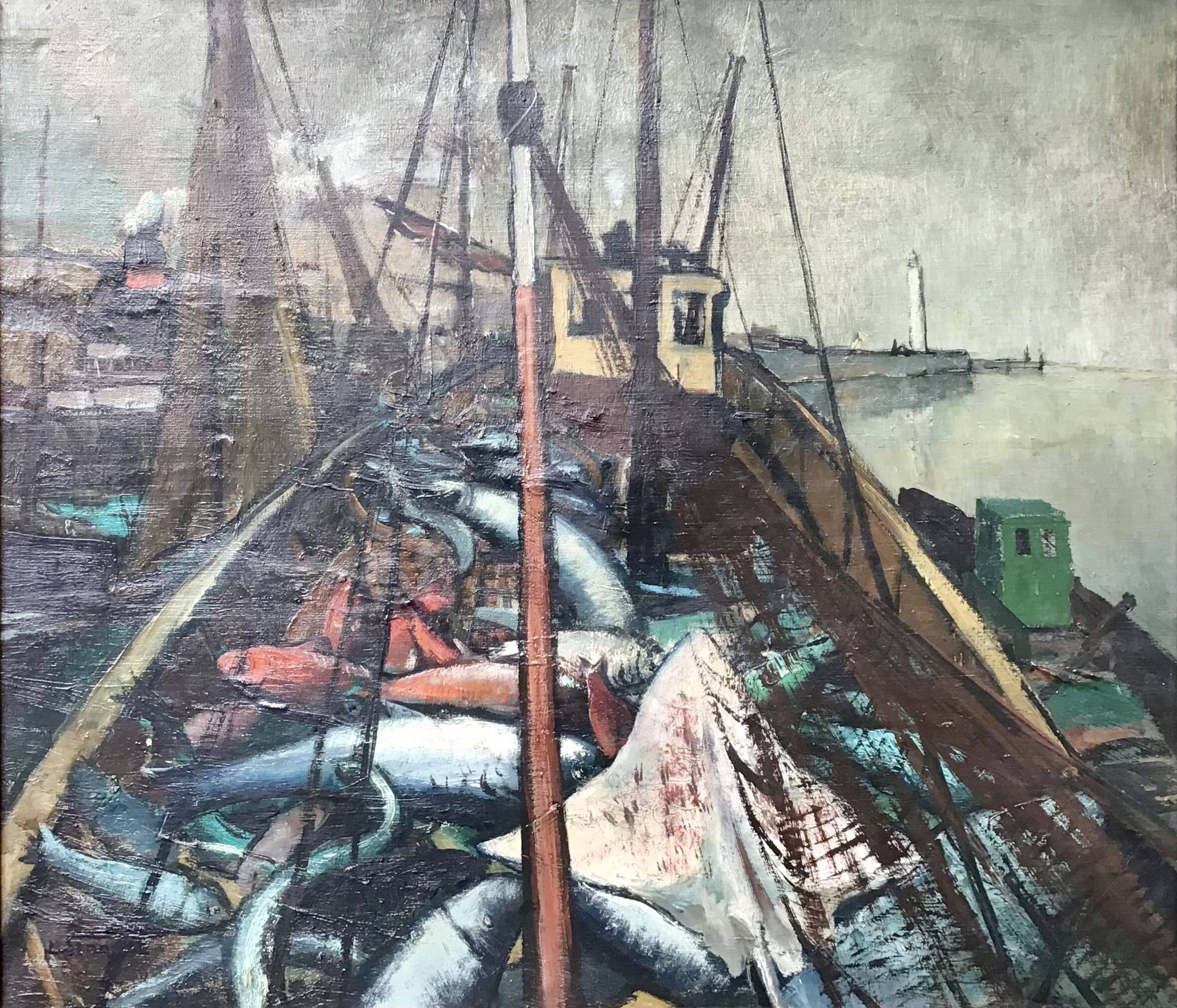 Oil on canvas - “The deck of the trawler returning from fishing” by Lucien Staquet (1911-1989)
