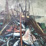 Oil on canvas - “The deck of the trawler returning from fishing” by Lucien Staquet (1911-1989)