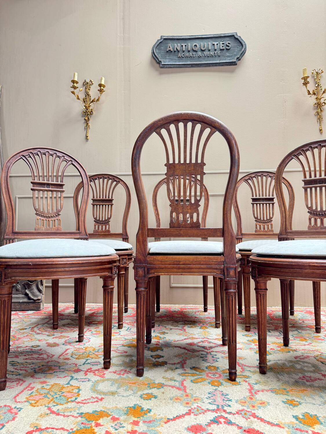 Set of six Louis XV style natural wood sheaf back chairs