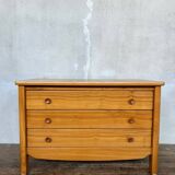 Elm chest of drawers and two elm bedside tables 1980