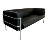 Three-seater tubular chrome and black leather sofa by Kébé, Denmark 80