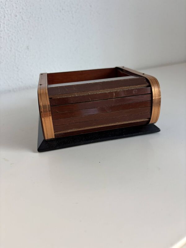 Porte-cigarettes vintage 1960 distributeur bois métal cuivre - 12 x 13 cm