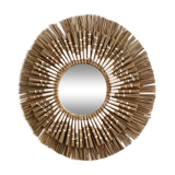 White raffia rattan and macramé sun mirror 40cm