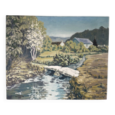 Huile sur toile "Pont sur le ruisseau", signée Chauveau 1968