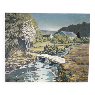 Oil on canvas "Bridge over the stream", signed Chauveau 1968