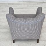 1950s, Danish armchair, furniture fabric, carved oak wood.