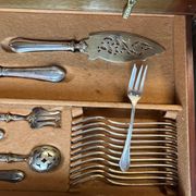 Art Deco important silver-plated metal cutlery set with wooden box Perrin early 20th century