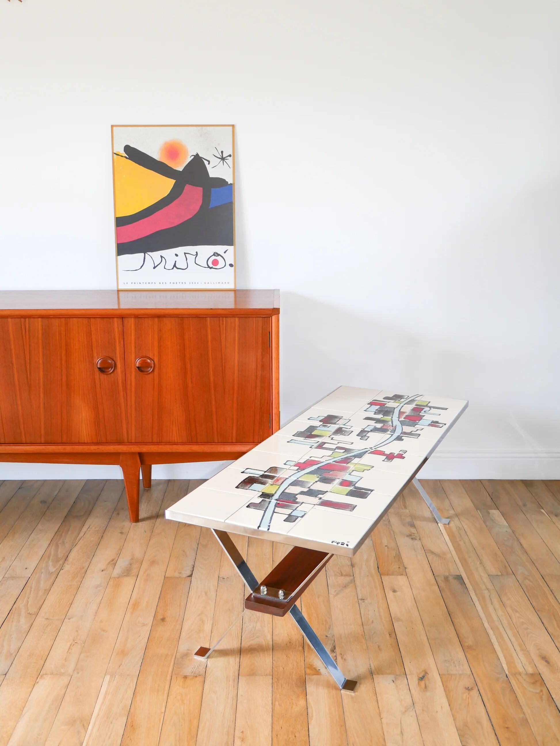 Ceramic coffee table, chrome and teak legs, Space Age, signed, 1970.