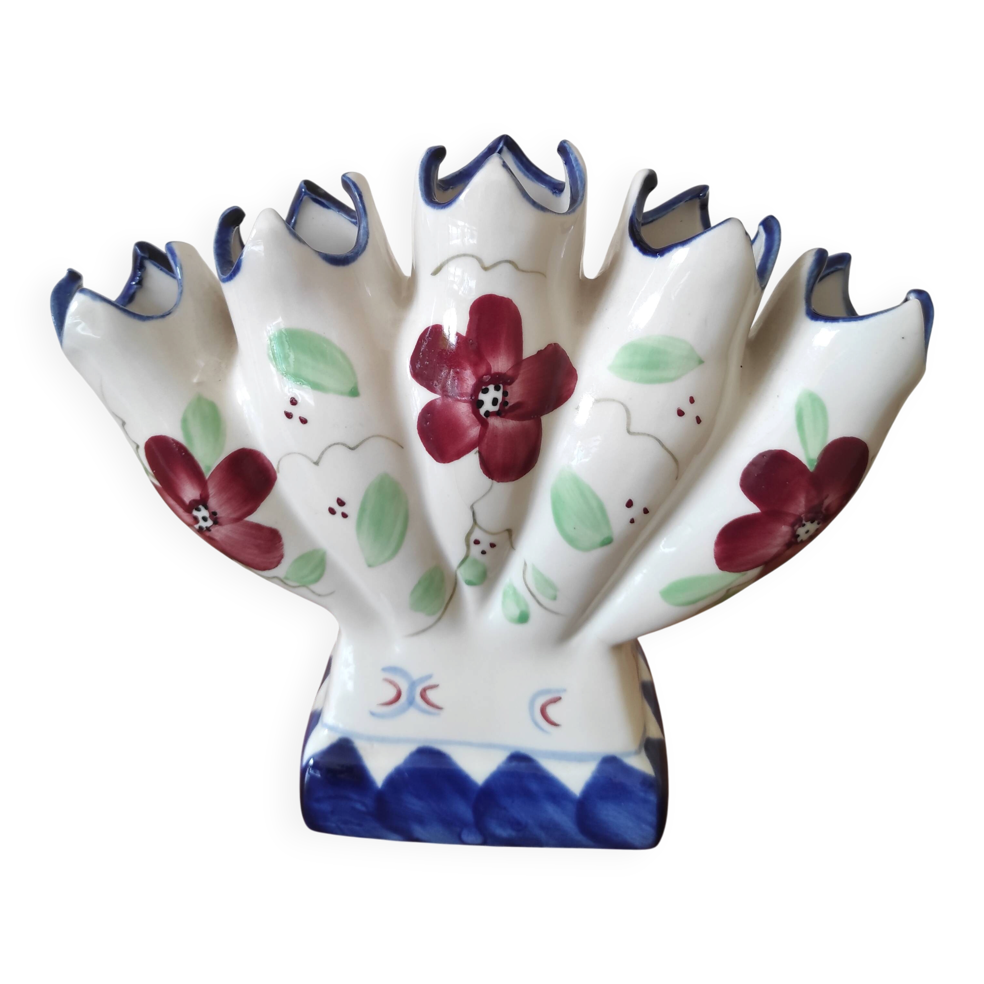 Tulip vase/bouquet holder in hand-painted earthenware