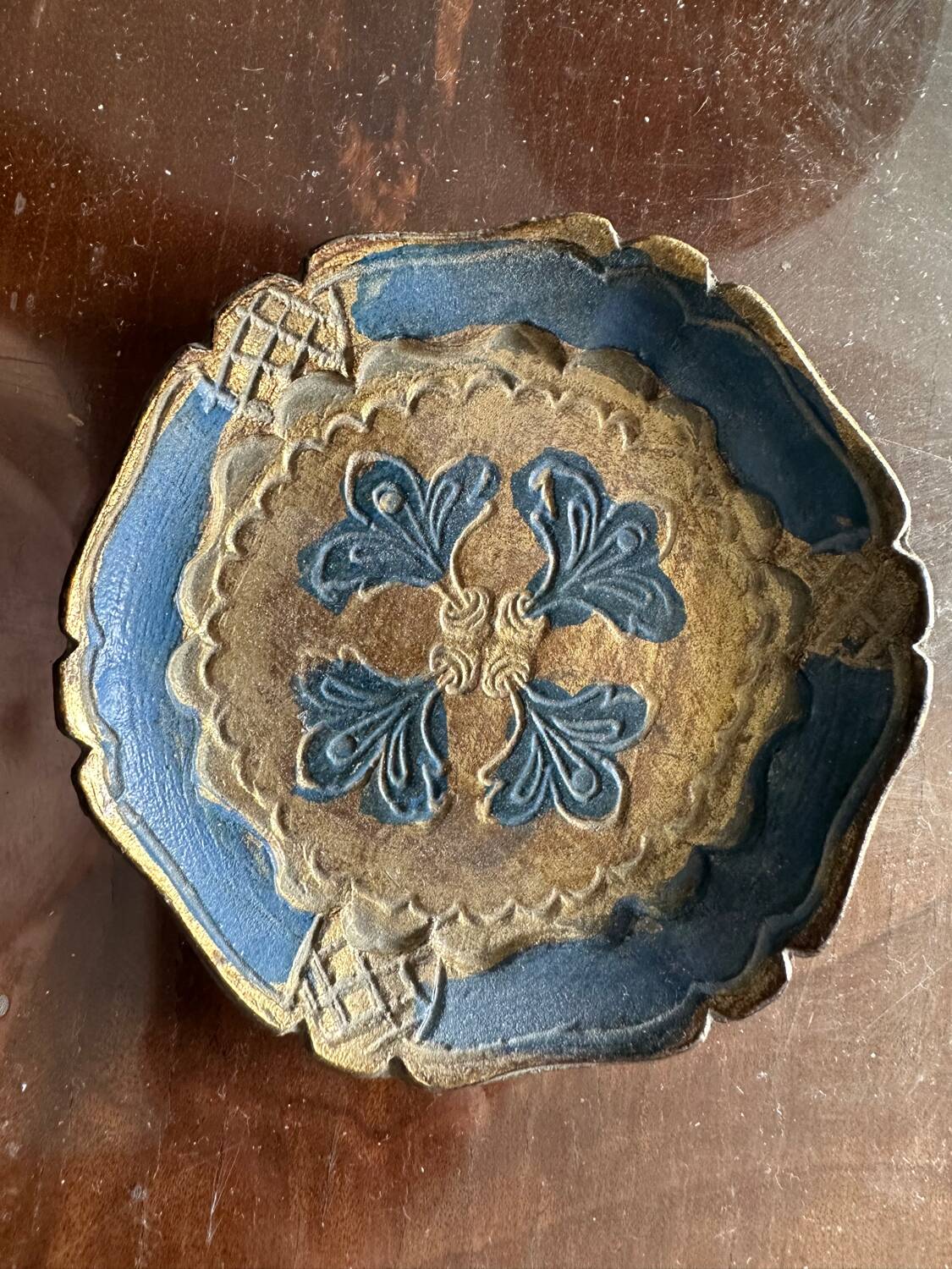 Vintage Florentine Coaster - Blue and Gold Wood (Diameter 10 cm)