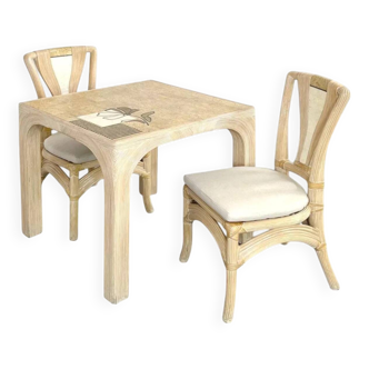 Table Carrée en Rotin et Marqueterie de Pierre avec Chaises Assorties, 1970