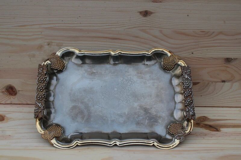 Antique silver-plated metal tray with gilt edges – Grape cluster motif