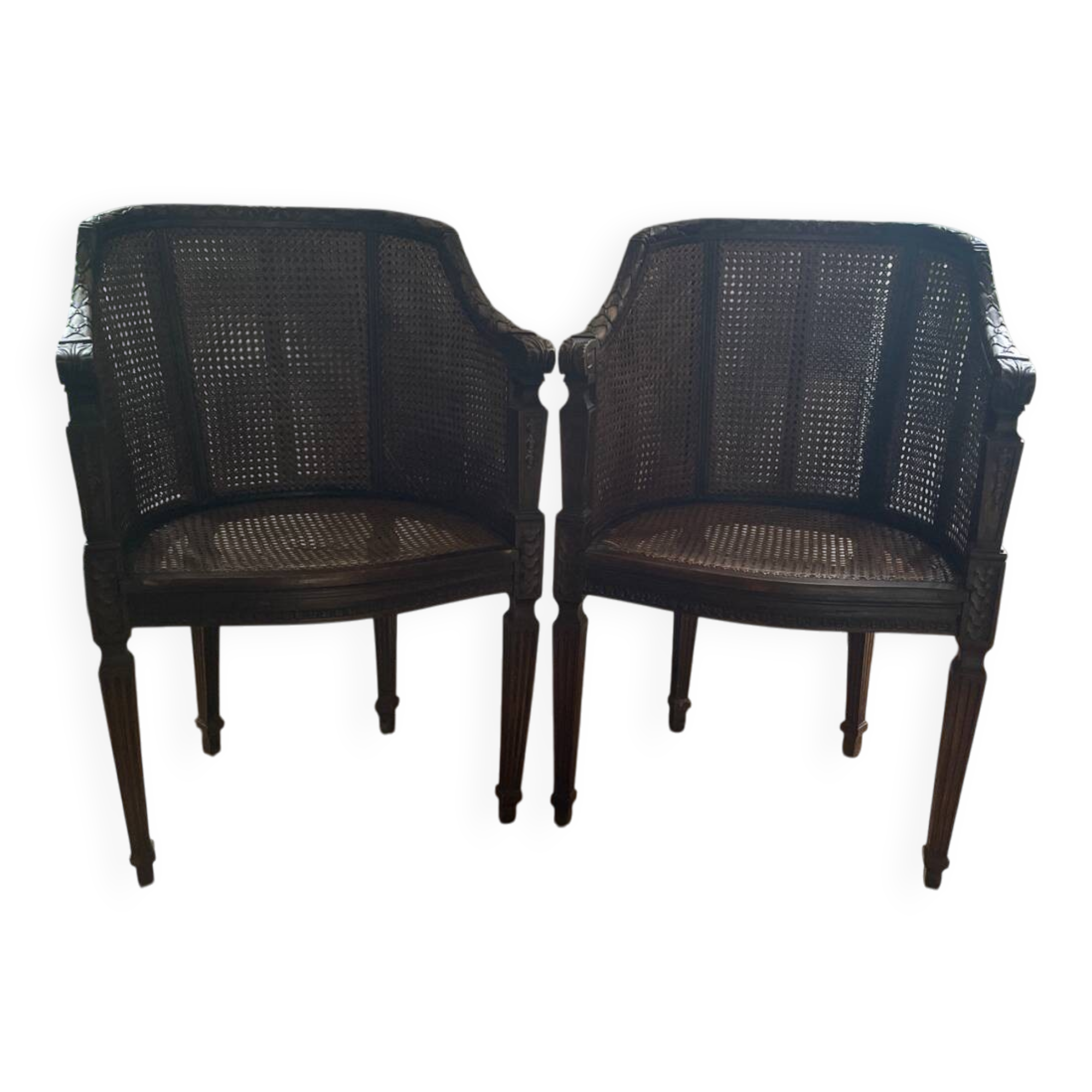 Pair of gondola armchairs in Louis XVI style with caning.