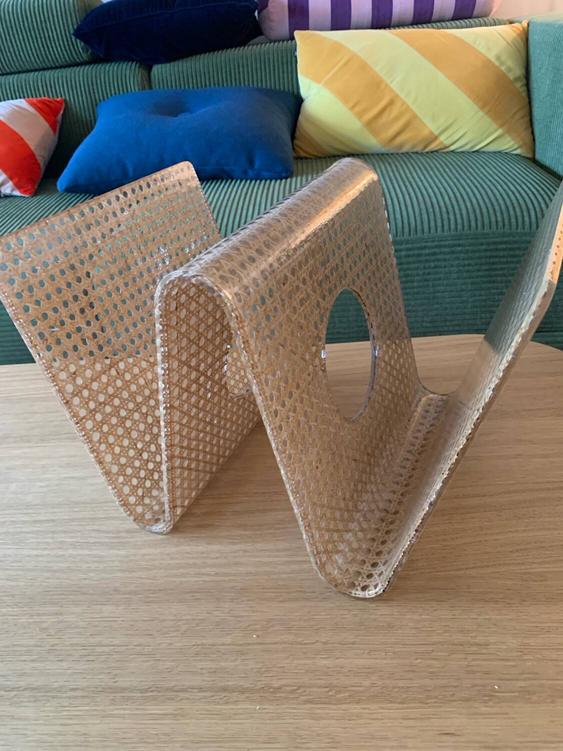 Plexiglass magazine rack with cane work, 1970