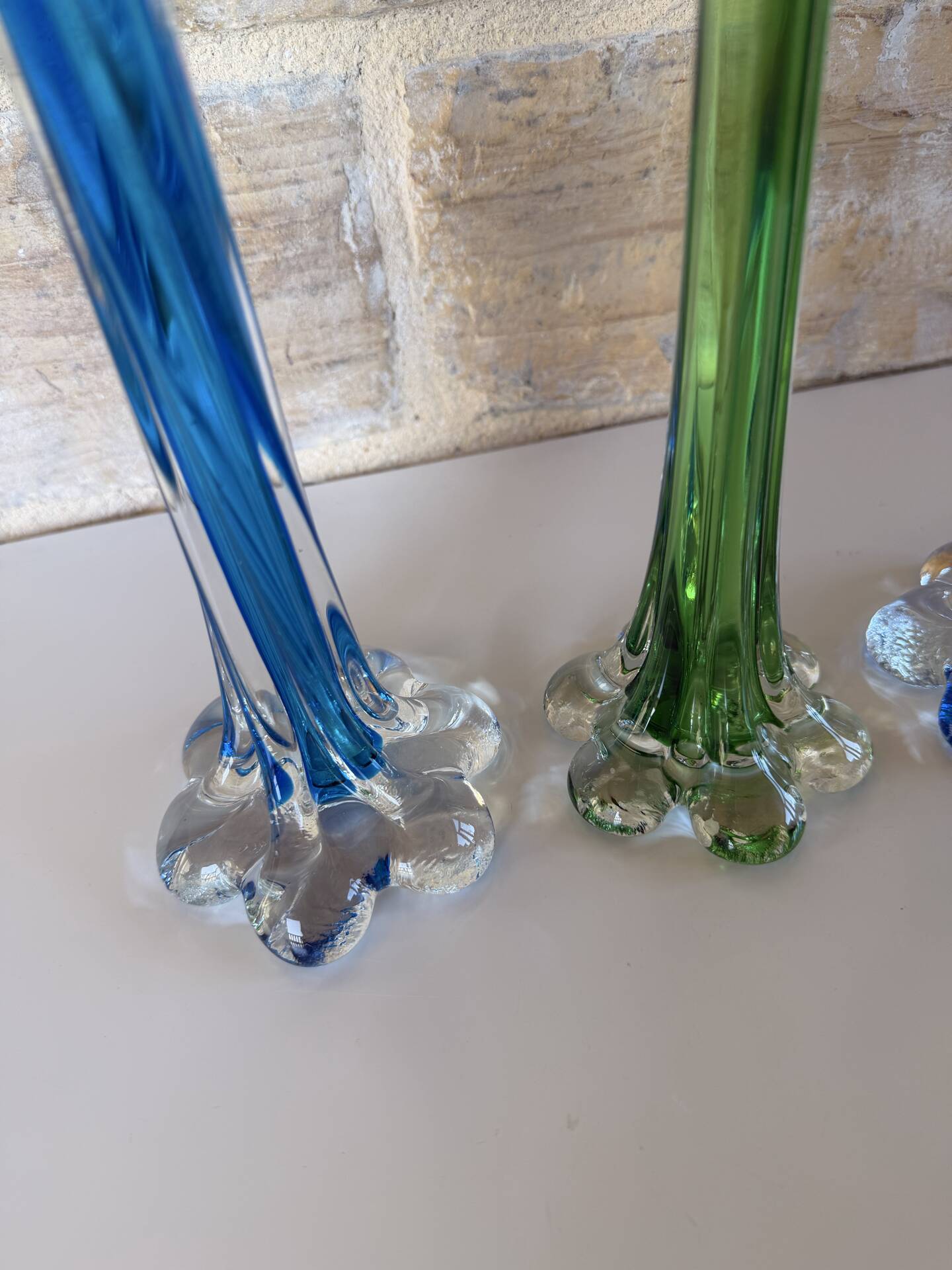 Trio de soliflore vase Murano vintage – verre soufflé bleu & vert – It