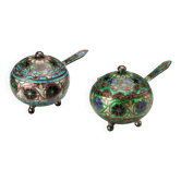 Antique silver and enamel salt cellars, Europe, early 20th century.