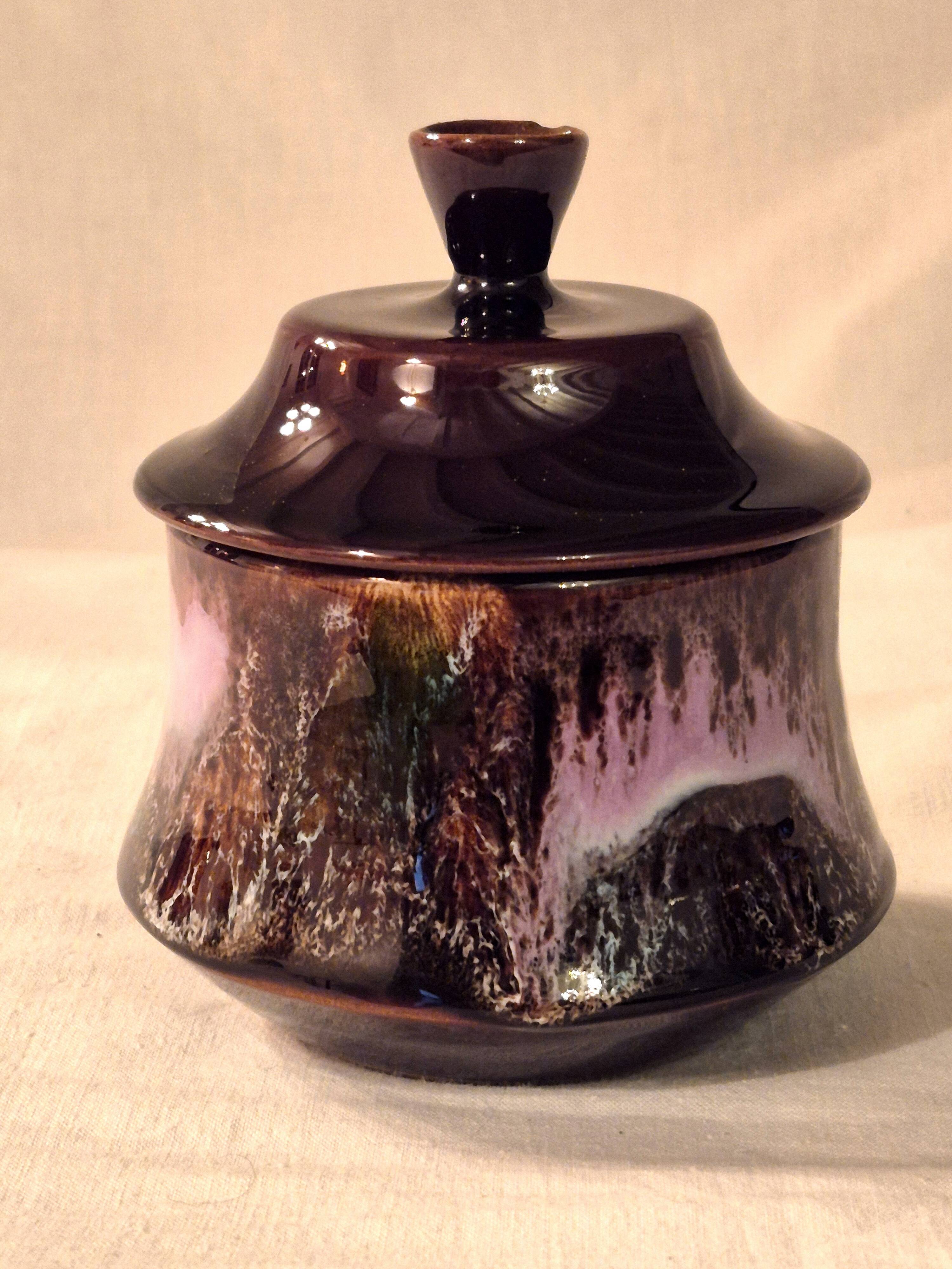 Covered sugar bowl Vallauris glazed ceramic brown old pink A152-3