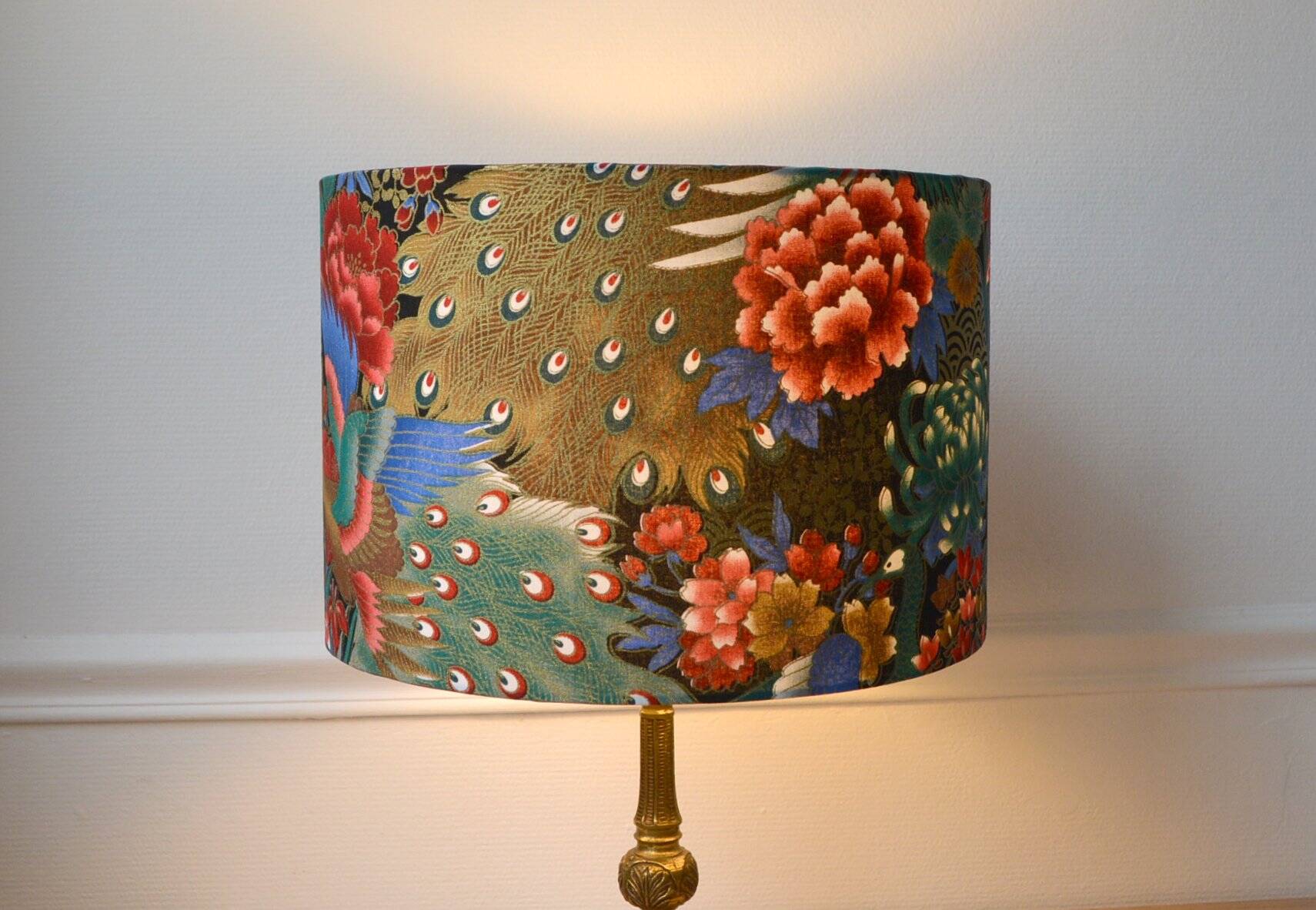 Jouy fabric lampshade, peacock, flowers, gold.