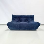 French Togo 2-seater sofa in blue corduroy attributed to Michel Ducaroy for Ligne Roset, 1970s