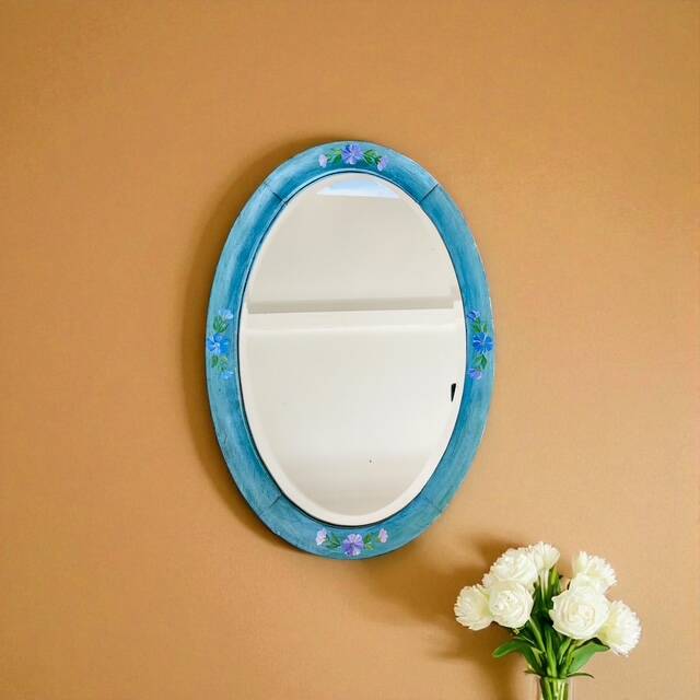 Miroir ancien biseauté oval XIX ème peint