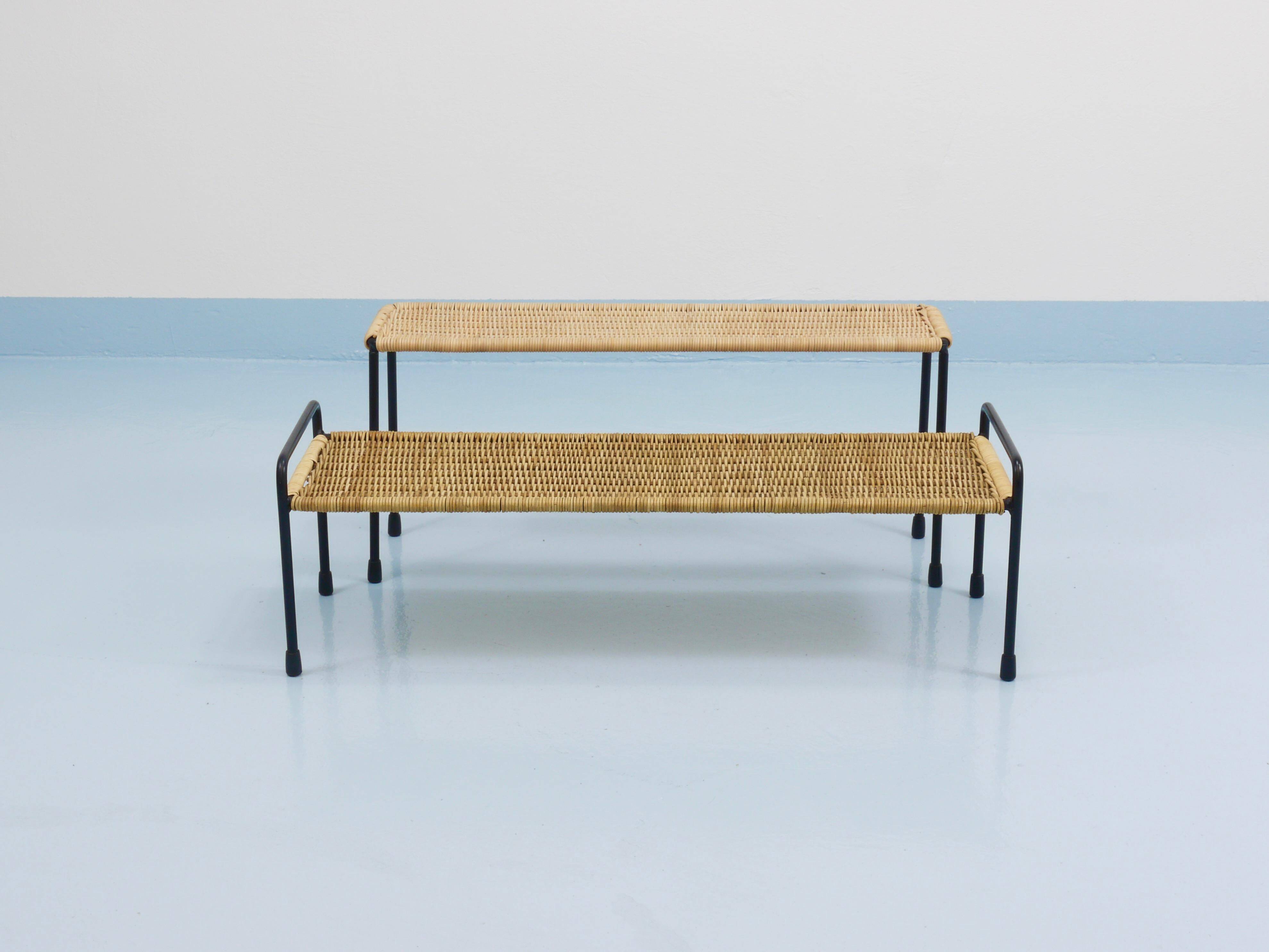 Carl Aubock side table, flower bench, iron, rattan, wicker, Austria, 1950s