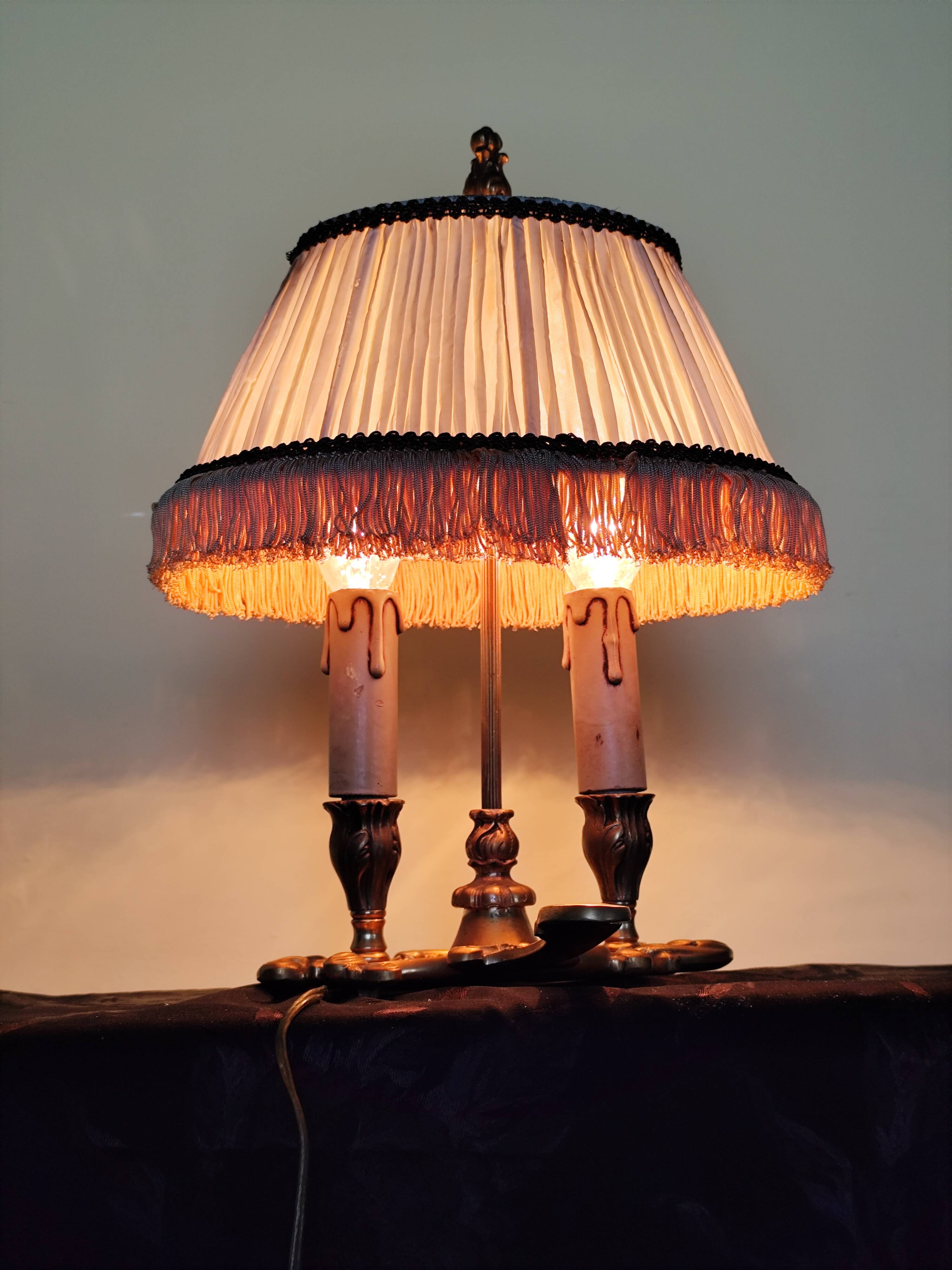 bronze bouillotte lamp with 2 lights and fabric shade