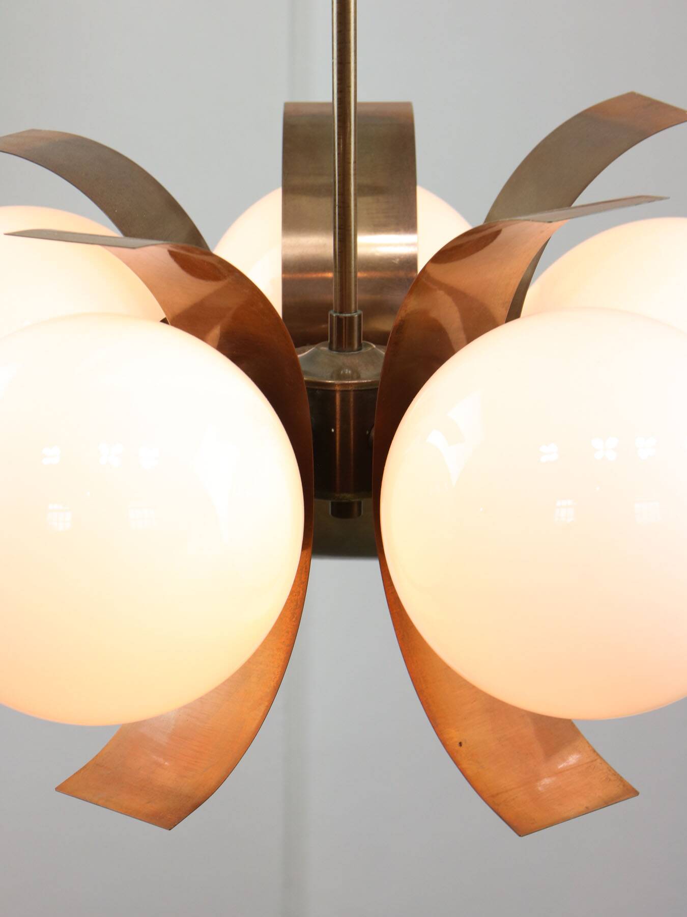 Vintage Italian Copper and Opaline Chandelier, 1970s