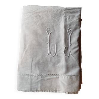 Antique linen sheet - LJ monogram - 205 x 282 cm (dJ)