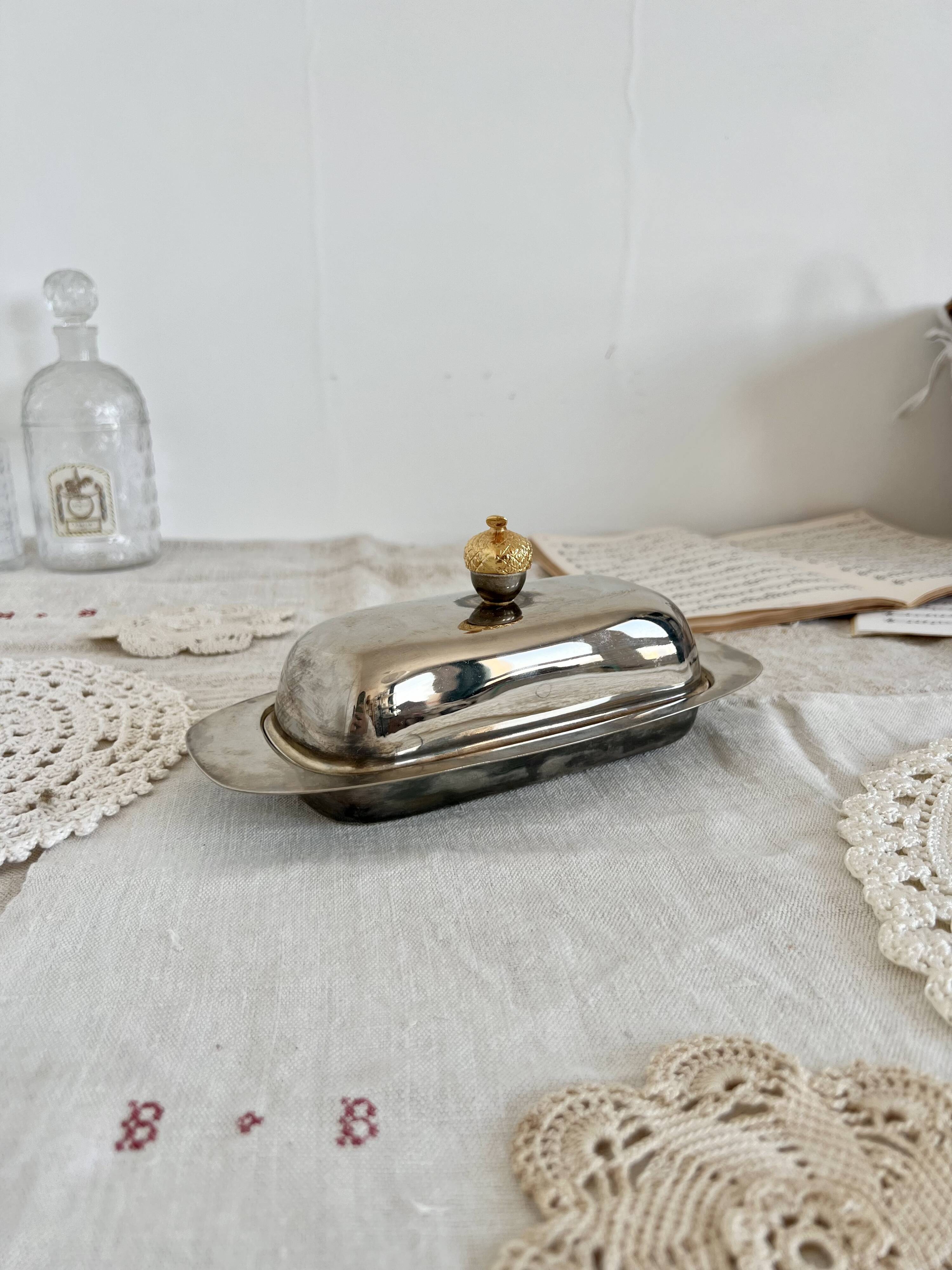 Vintage stainless steel butter dish, acorn and molded glass cup