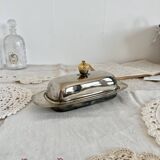 Vintage stainless steel butter dish, acorn and molded glass cup