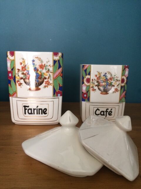Lot of vintage flour pots and earthenware coffee.