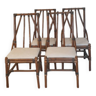 4 chaises bambou et tissu années 70