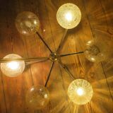 Angelo Brotto for Esperia gold-plated brass chandelier with 6 crackle-glass globes, Italy 1960s