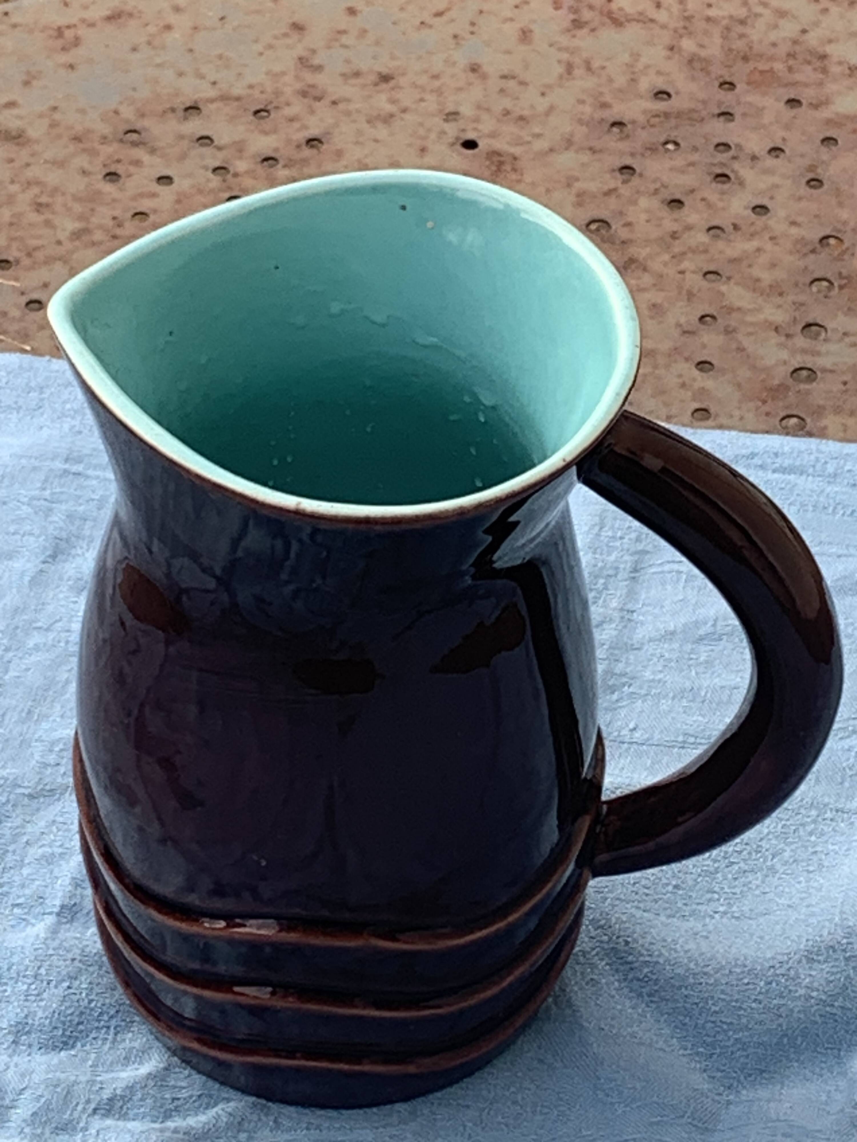 Jug, pitcher, pl france, poet laval, undulate, vintage 1950 in enameled ceramic, brown, turquoise