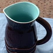 Jug, pitcher, pl france, poet laval, undulate, vintage 1950 in enameled ceramic, brown, turquoise