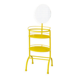 Yellow metal side table with swiveling oval mirror and two tray shelves, vintage 1960s Italy