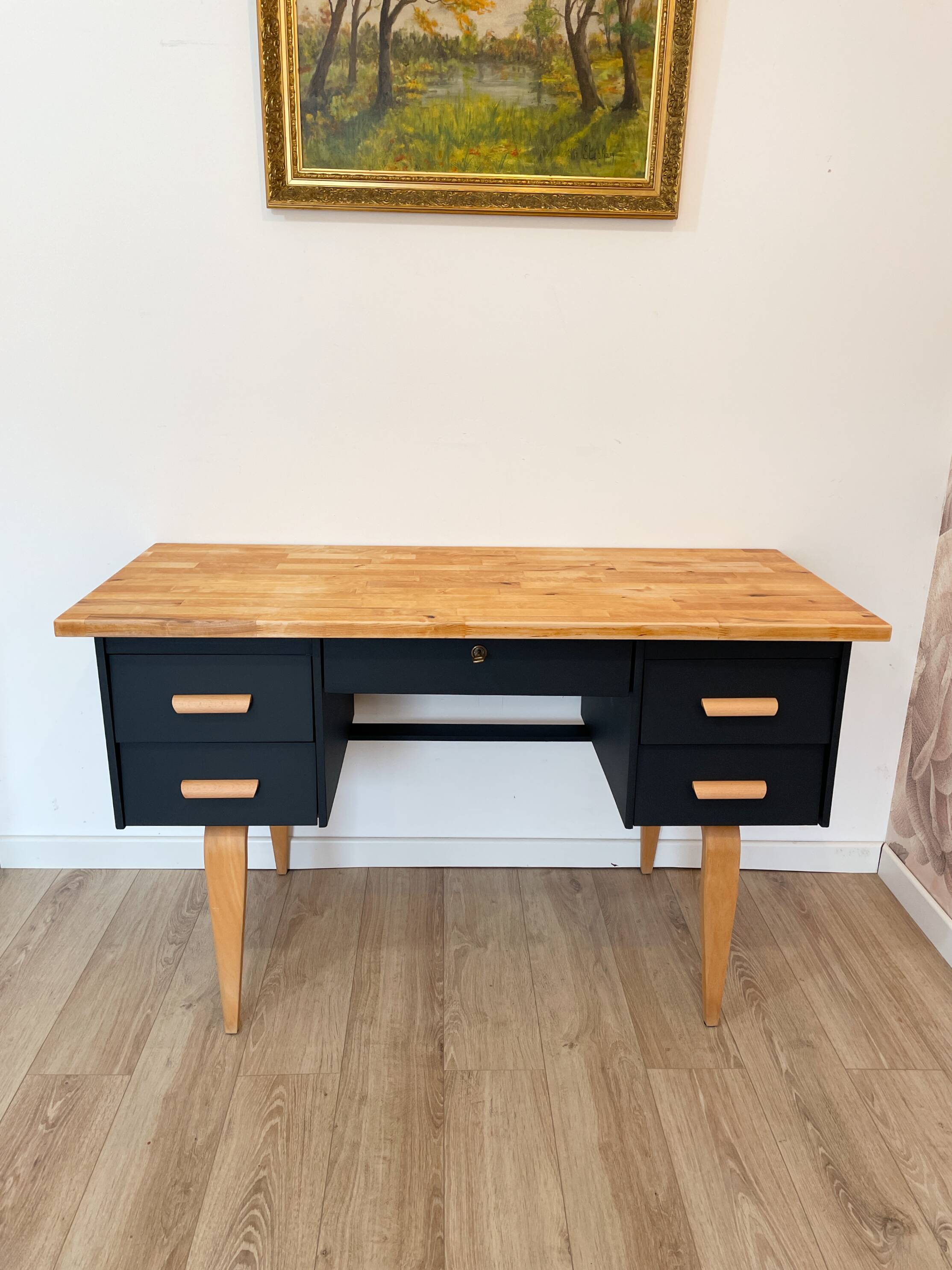 Vintage desk, Scandinavian style, Black lacquer and Beech