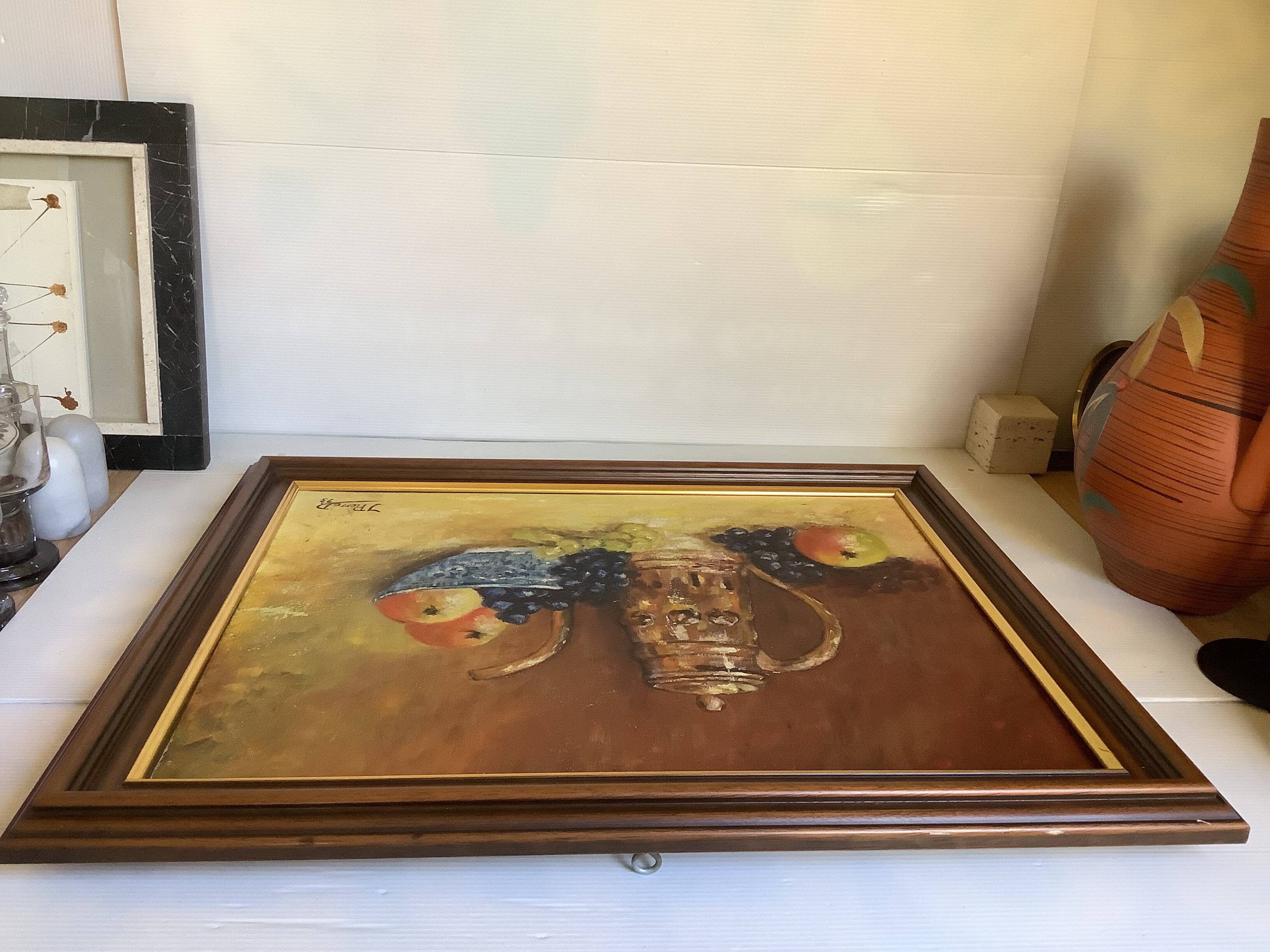 Still life painting with dedication, oil on canvas, signed