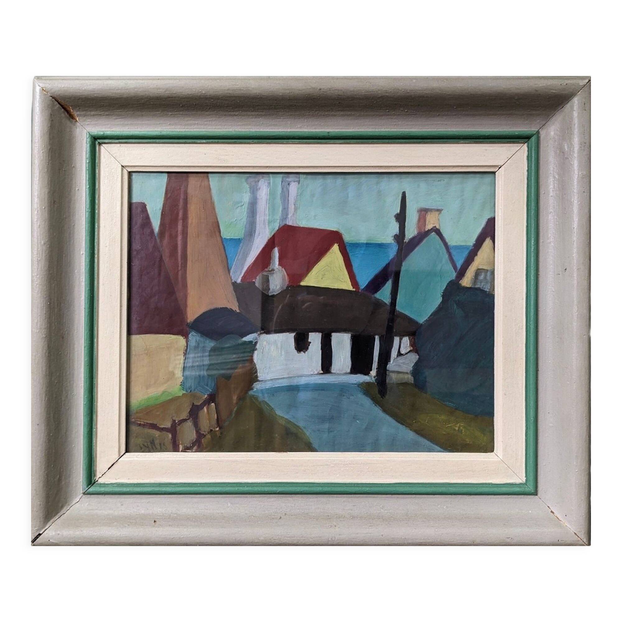 1955 Mid-Century Modern "Street Houses" Swedish Vintage Street Scene Oil Painting, Framed
