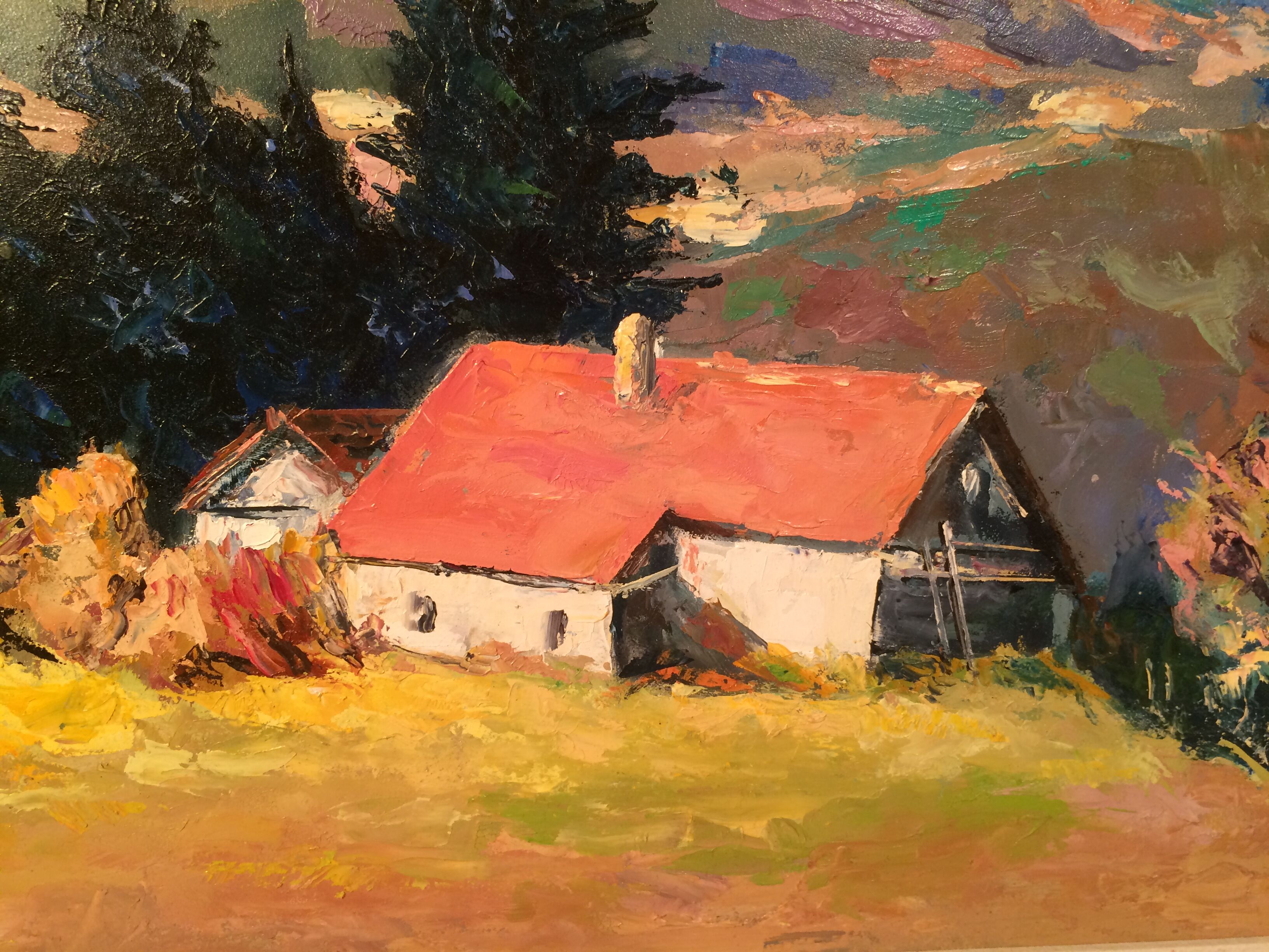 Mountain landscape painting and farm, old painting