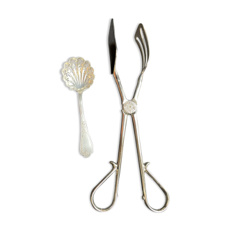 Cake tongs and spoon to sprinkle silver metal