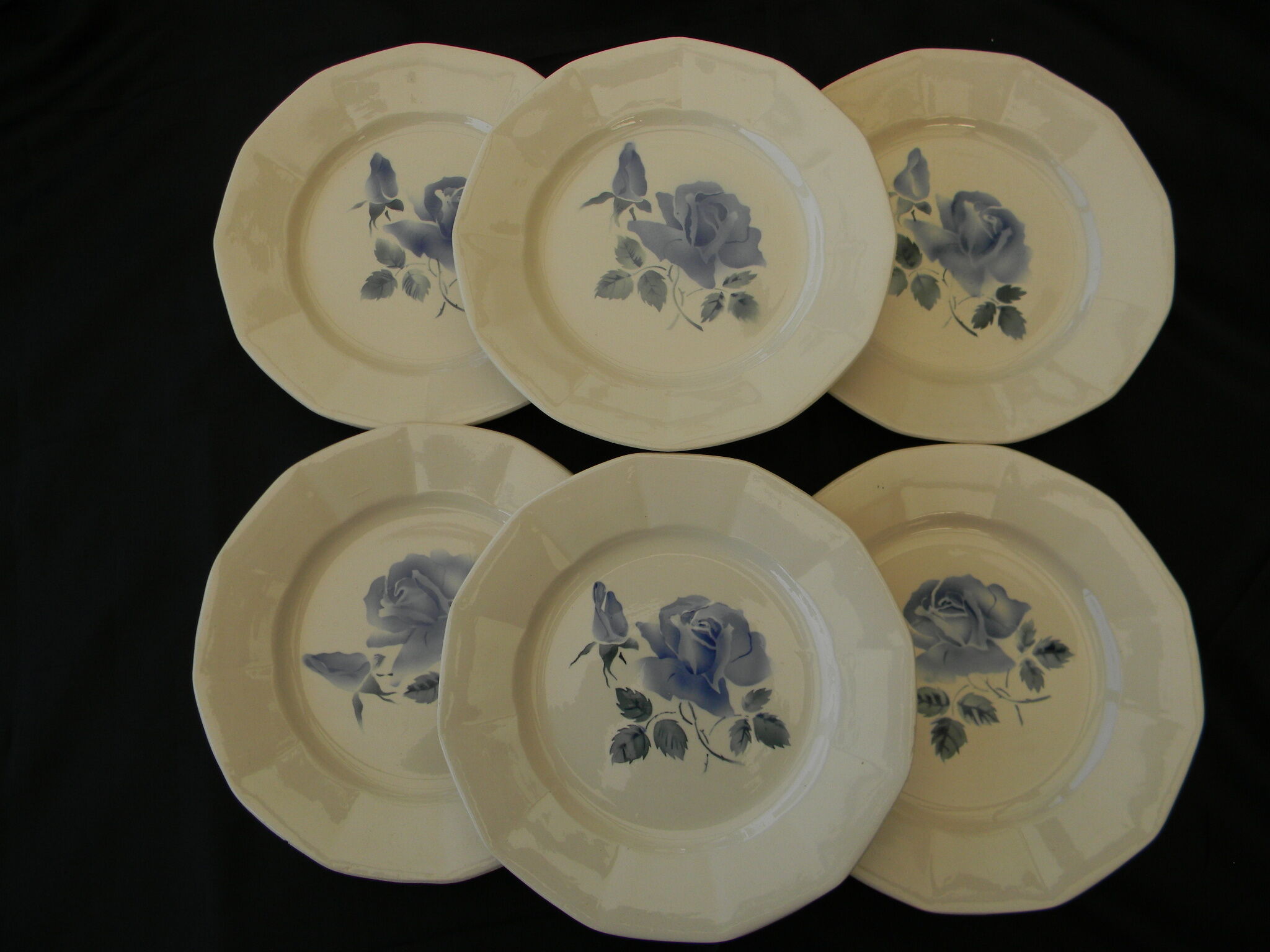 6 flat plates in Digoin Sarreguemines earthenware. Blue rose decoration.