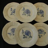 6 flat plates in Digoin Sarreguemines earthenware. Blue rose decoration.