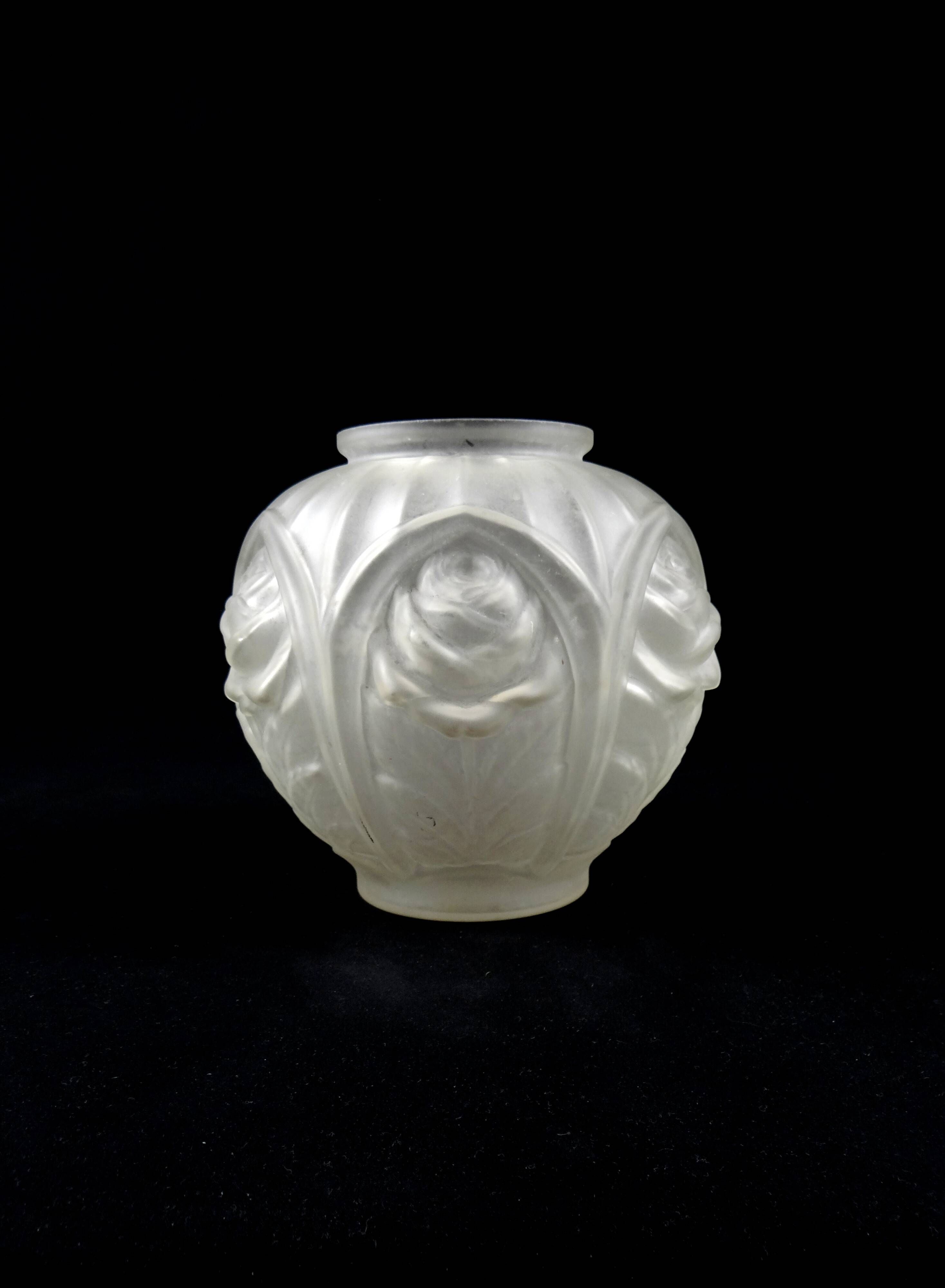 Art Deco ball vase with arches and roses in frosted molded glass