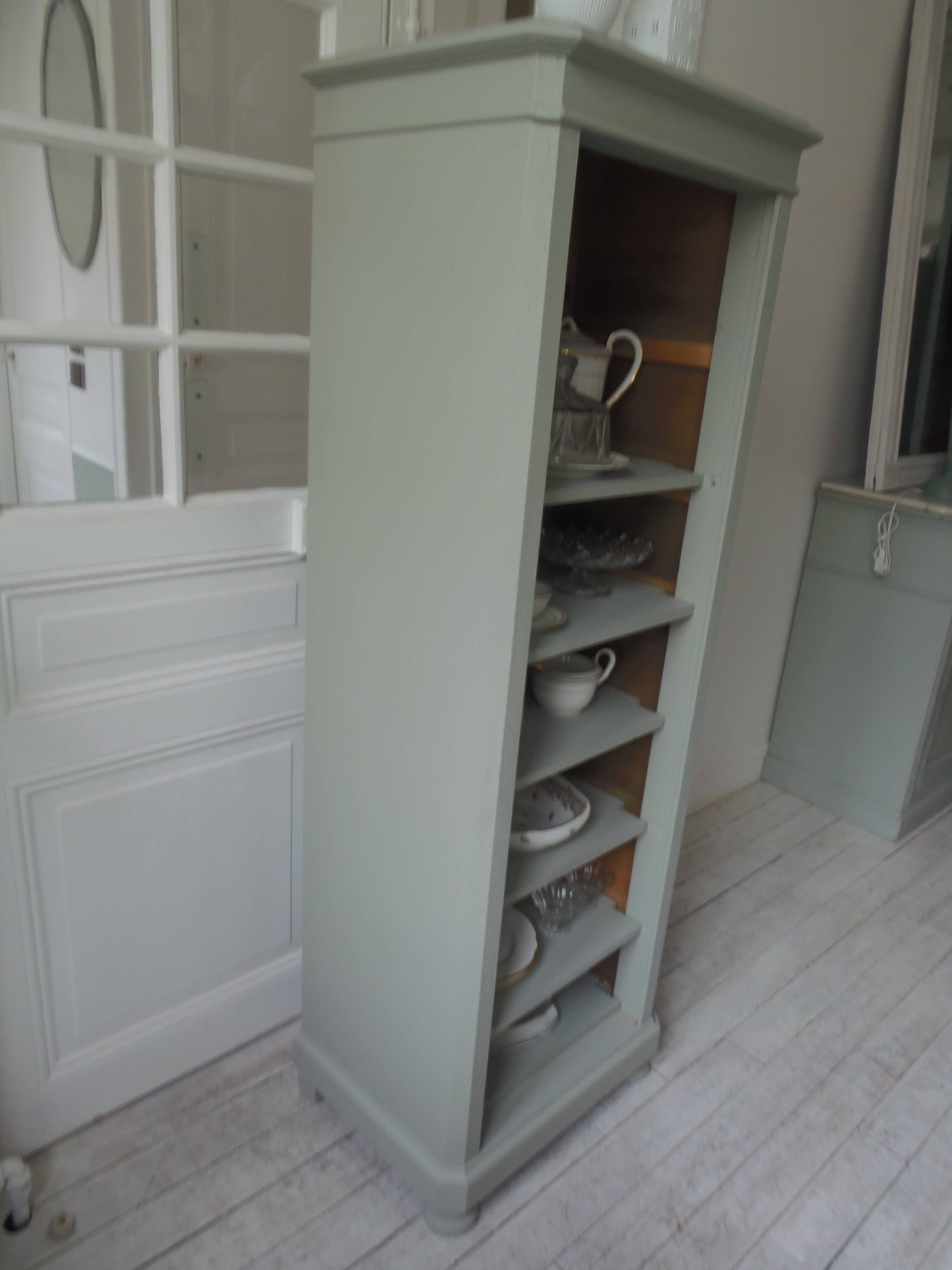Bookcase, vintage dresser re-enchanted in verdigris waxed finish.