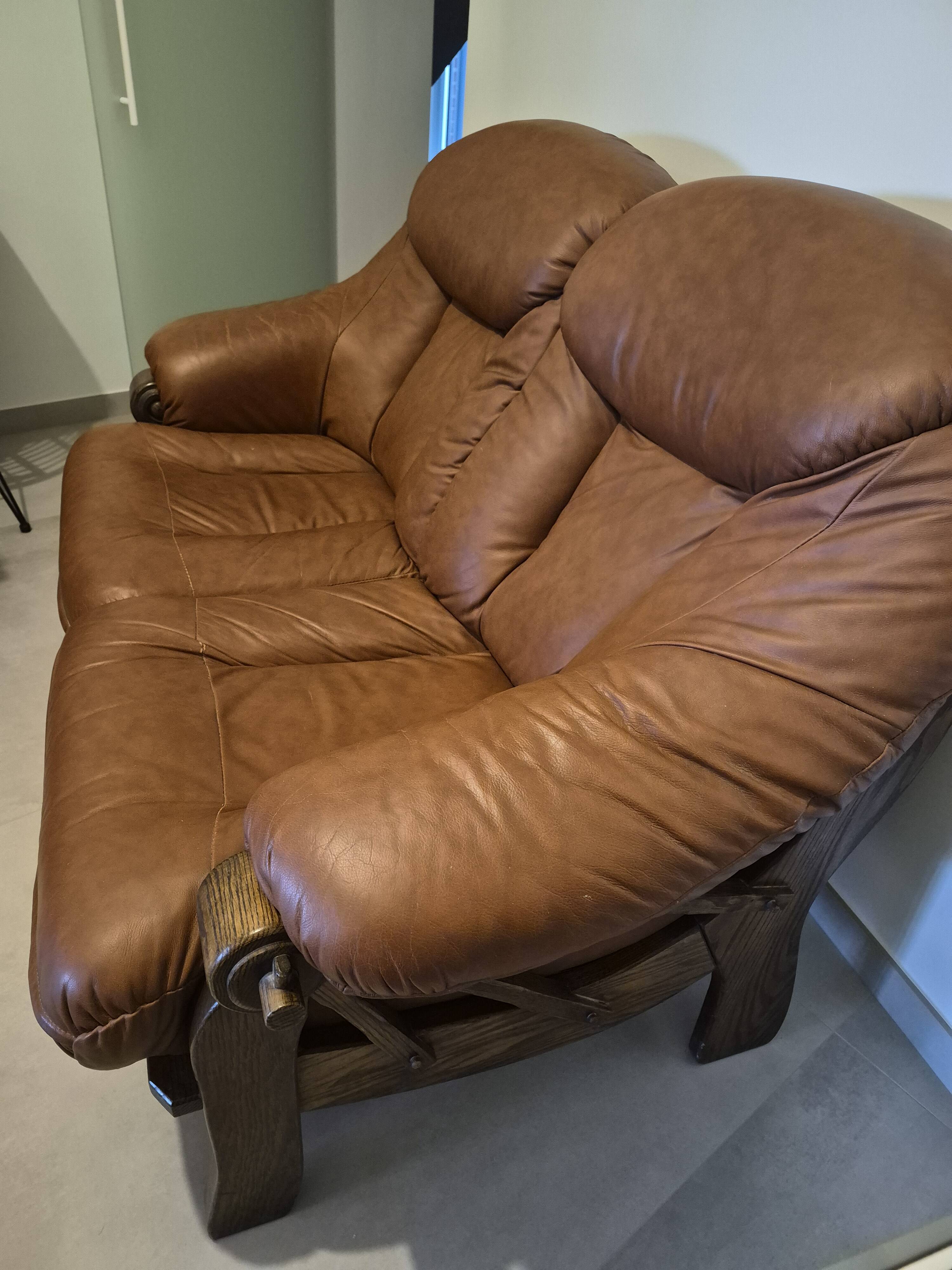 Vintage Scandinavian two-seater sofa in cognac leather and solid oak.