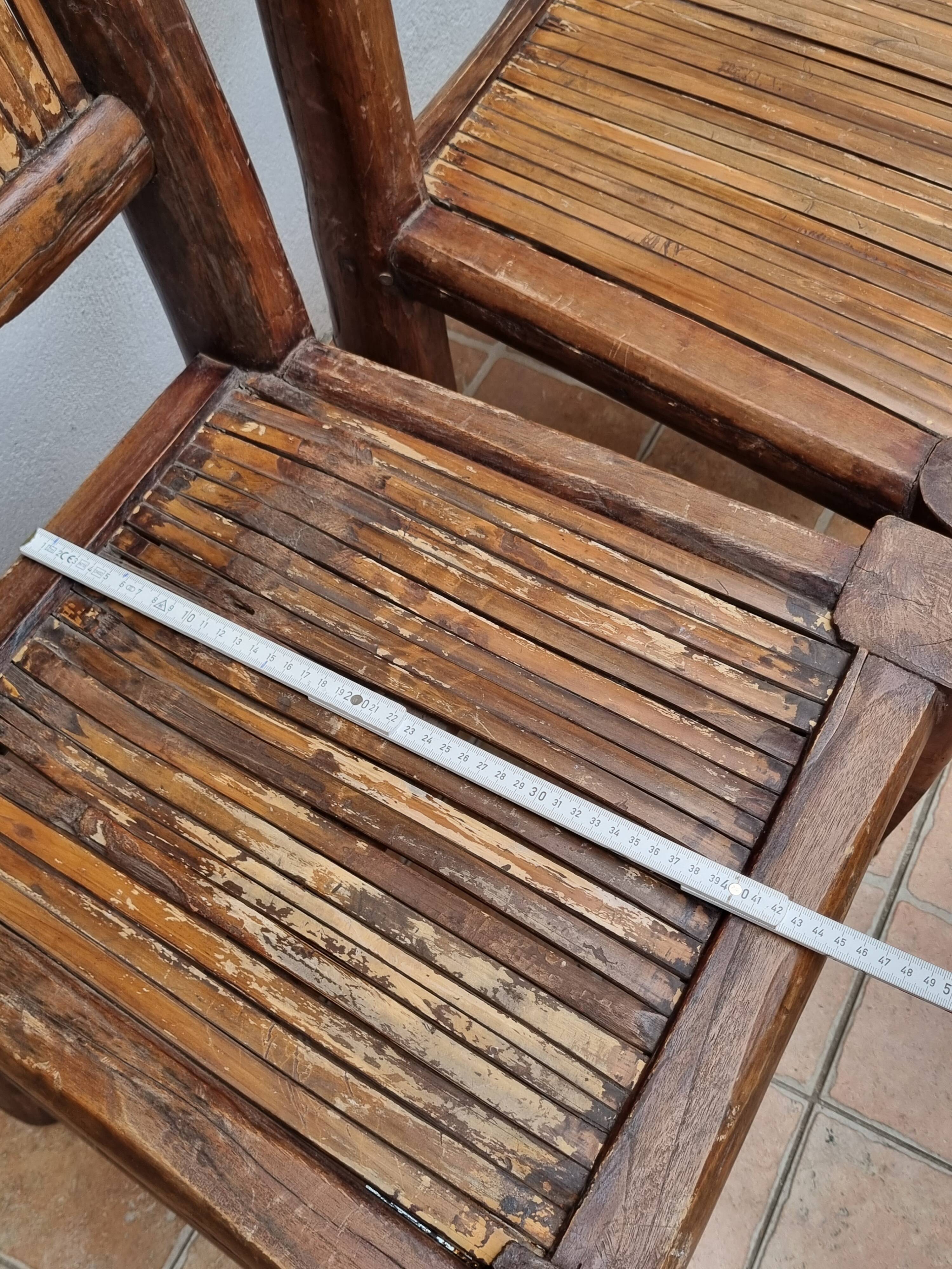 Pair of solid wood and bamboo chairs, brutalist style, 90 cm