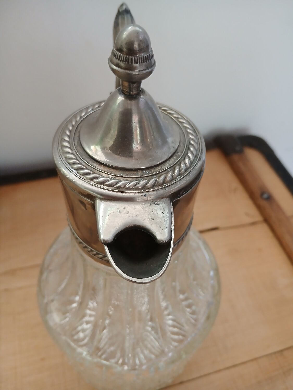 Antique pewter and glass carafe