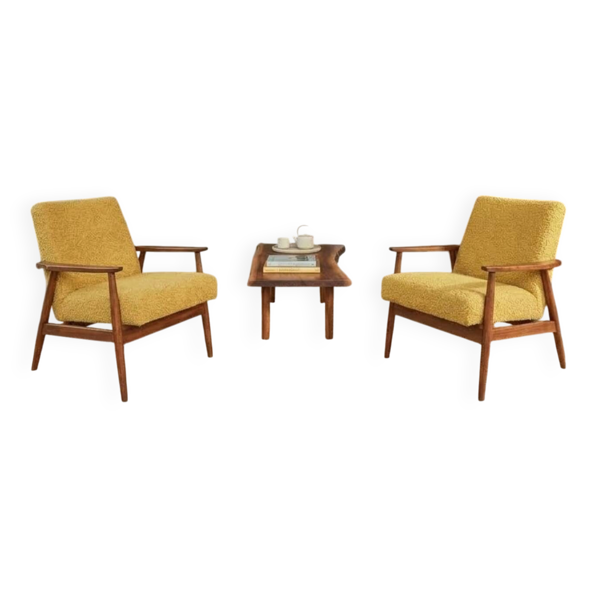 Two Lounge Chairs Vintage Mustard Boucle,  Mid Century Design, 1960