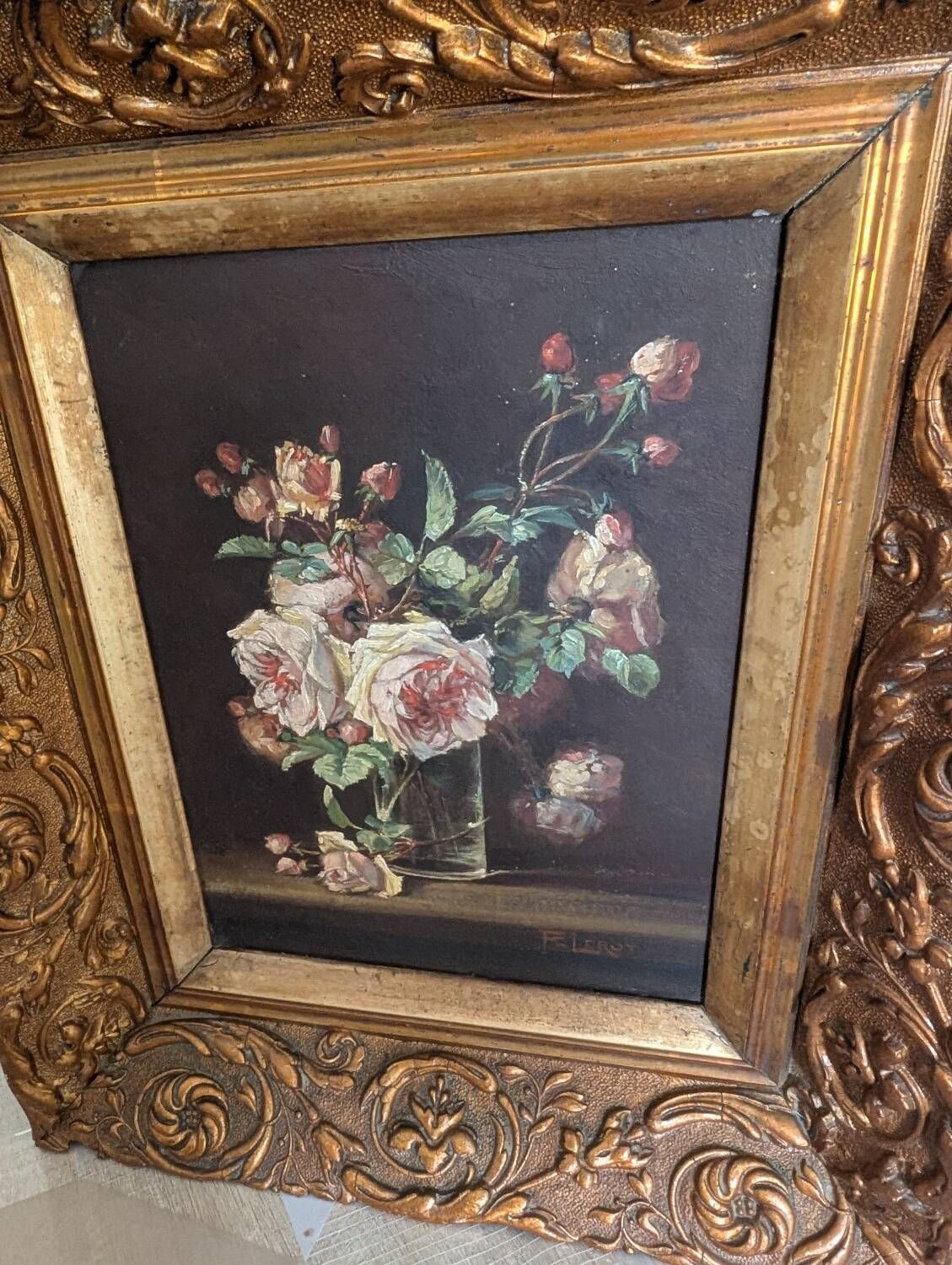 Oil painting on rosewood in a vase, early 20th century